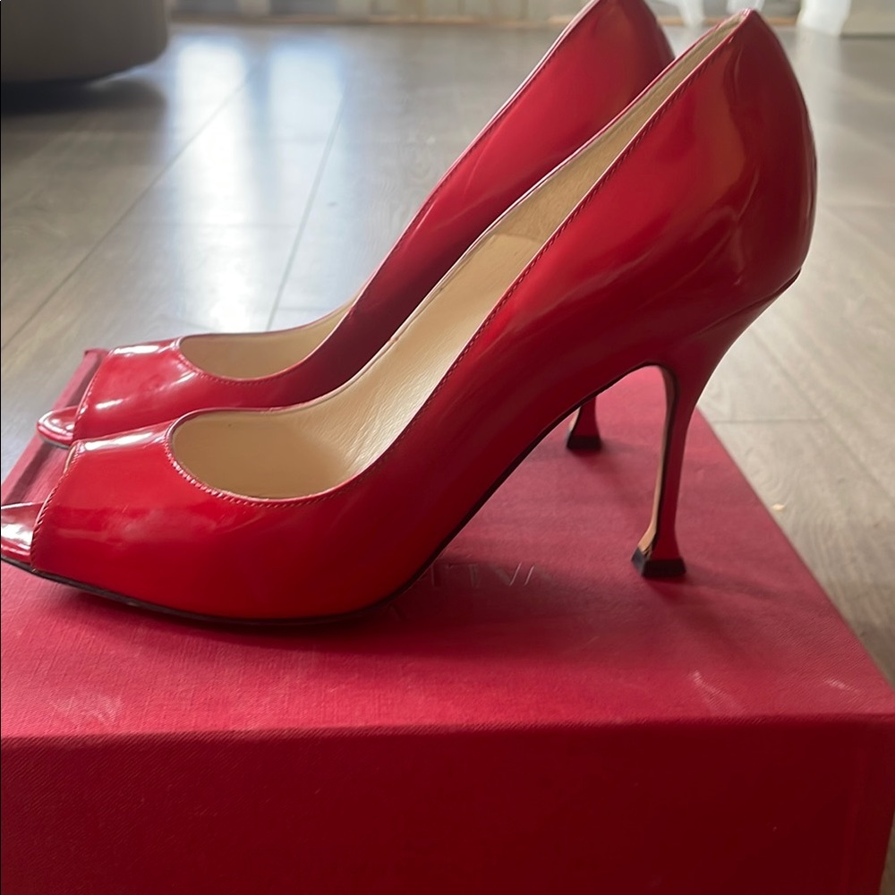 Brian Atwood Sexy Red Patent Leather Peep-Toe Heels